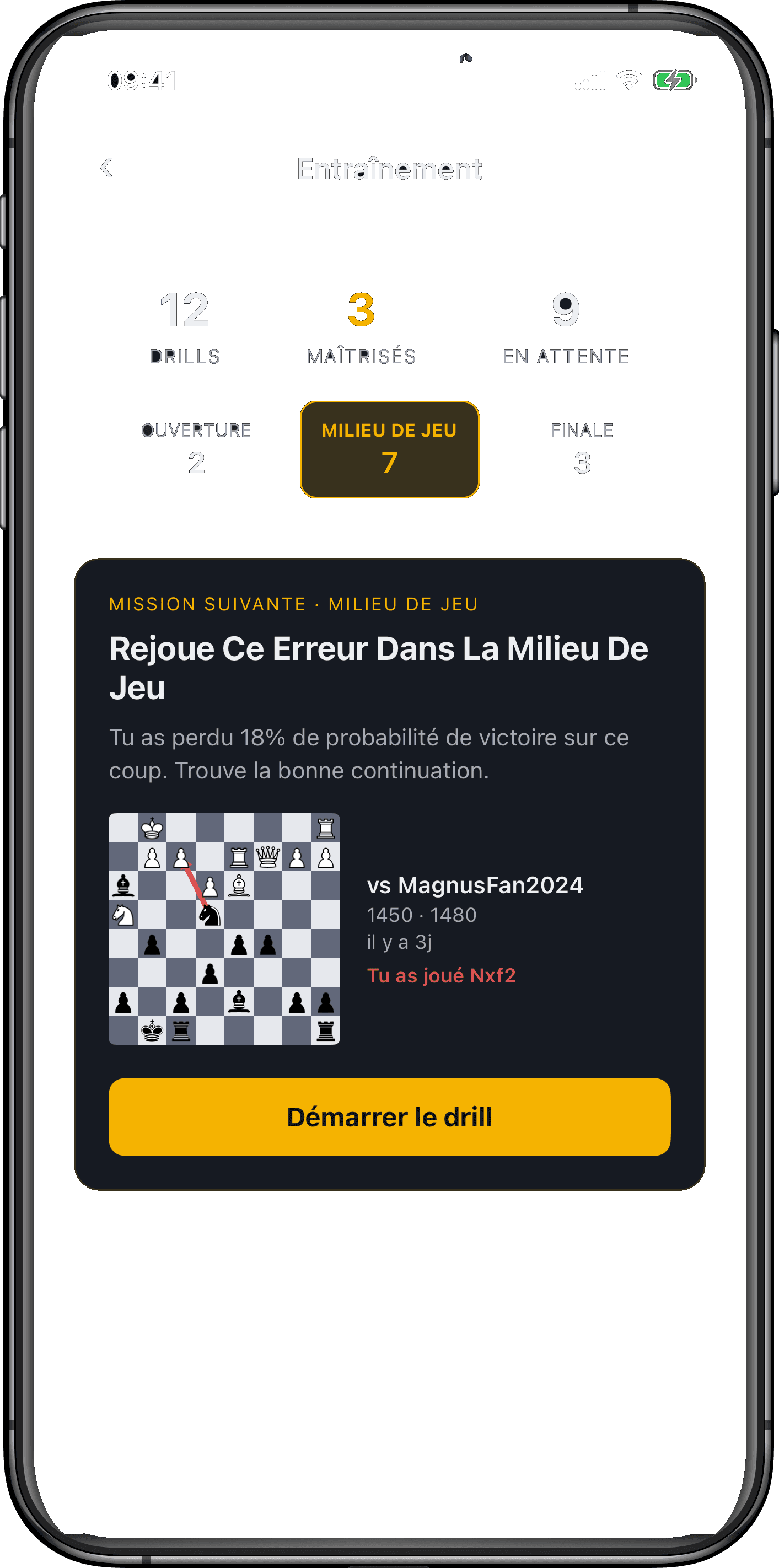Écrans d'entraînement de Rival Chess